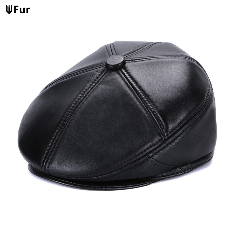 2025 Hot Sale Real Sheep Leather Berets Man Black Casual Duckbill Hats Vintage Luxury 100% Genuine Leather Winter Warm Flat Caps