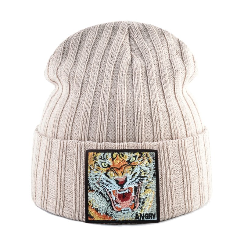 New Fashion Knitted Beanie Hat With Tiger Embroidery Patch Hip Hop Skullies Beanies Men Women Winter Knit Solid Color Ski Hat - Image 7
