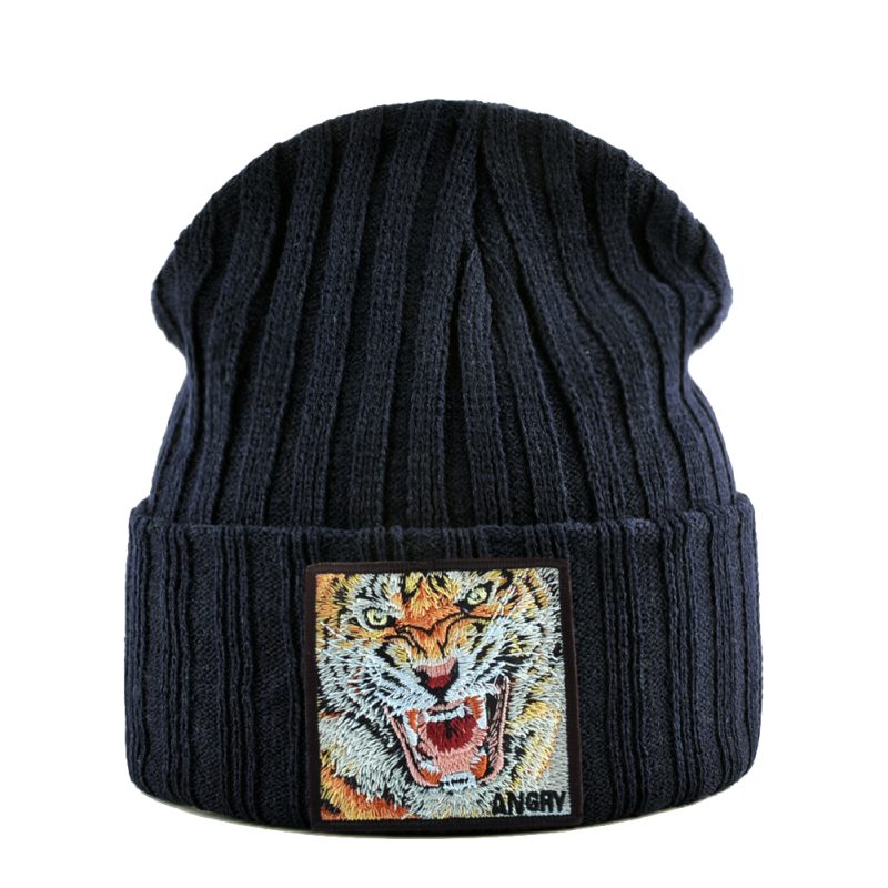 New Fashion Knitted Beanie Hat With Tiger Embroidery Patch Hip Hop Skullies Beanies Men Women Winter Knit Solid Color Ski Hat - Image 8