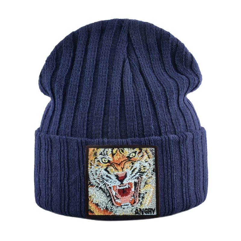 New Fashion Knitted Beanie Hat With Tiger Embroidery Patch Hip Hop Skullies Beanies Men Women Winter Knit Solid Color Ski Hat - Image 12