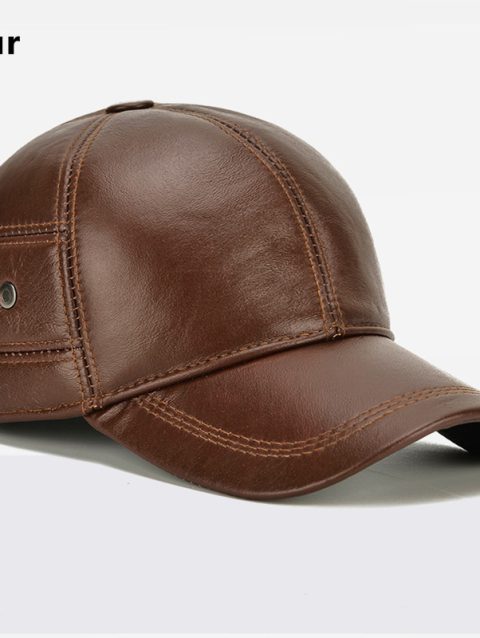 2025 New Style Men Cowhide Hat Winter Warm Outdoor Protect Ear Real Leather Adjustable Baseball Cap Men Real Cowhide Leather Cap