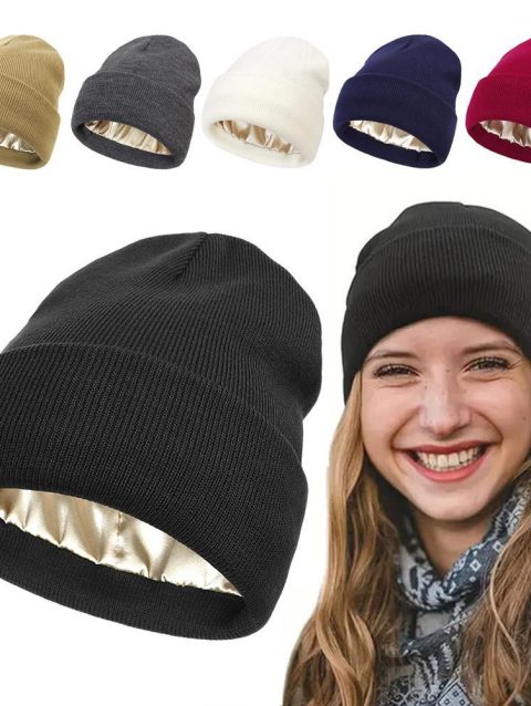 Cashmere Knitted Beanie Hat Winter Silk Satin Lined Beanie Hats Women Men Unisex High Quality Thick Chunky Cap Solid Warm Soft