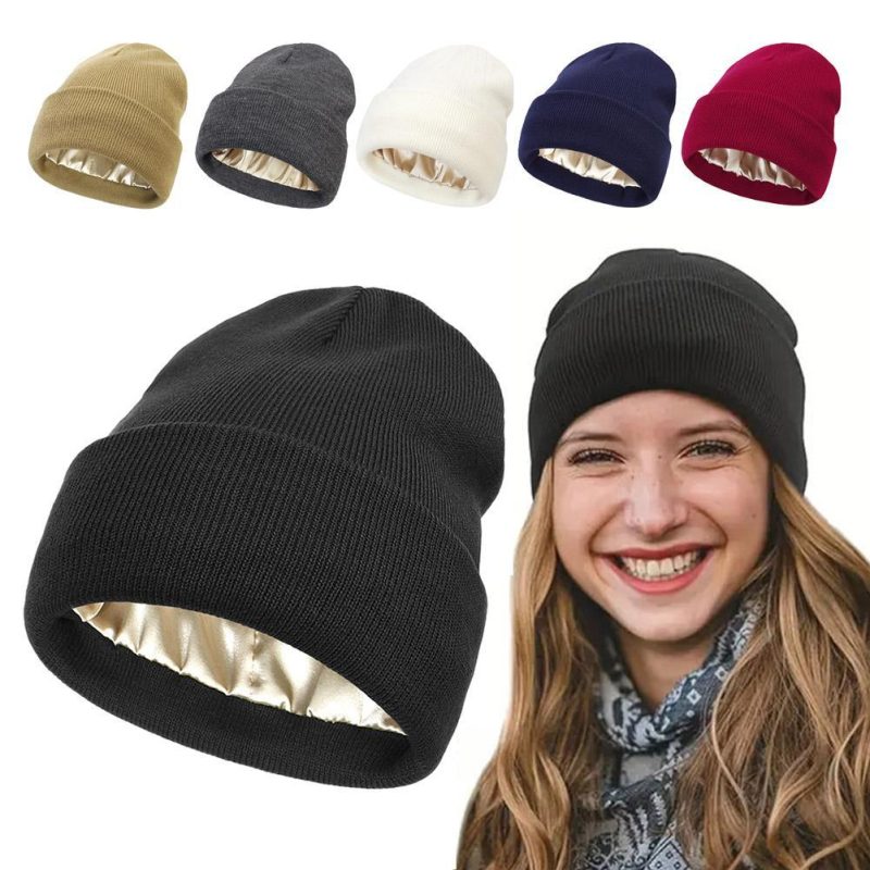 Cashmere Knitted Beanie Hat Winter Silk Satin Lined Beanie Hats Women Men Unisex High Quality Thick Chunky Cap Solid Warm Soft