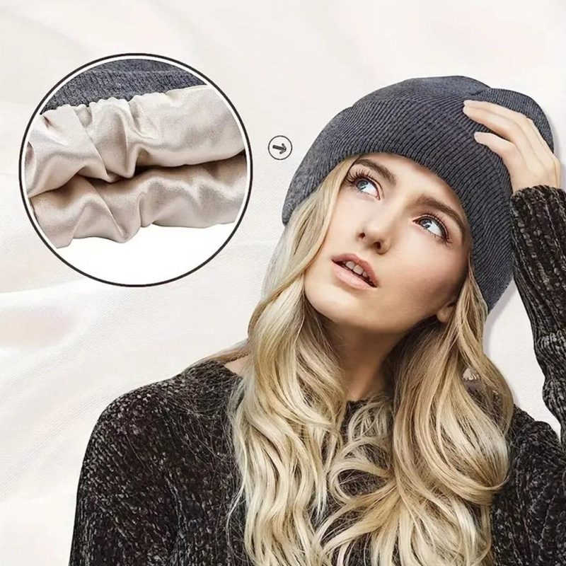 Cashmere Knitted Beanie Hat Winter Silk Satin Lined Beanie Hats Women Men Unisex High Quality Thick Chunky Cap Solid Warm Soft - Image 3