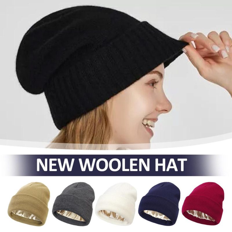 Cashmere Knitted Beanie Hat Winter Silk Satin Lined Beanie Hats Women Men Unisex High Quality Thick Chunky Cap Solid Warm Soft - Image 5
