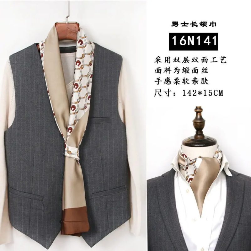 Men's Striped Autumn and Winter Thin Simulated Silk Men's Double Layer Long Silk Scarf Shirt Scarf Printed Small Plaid Scarf - Image 6