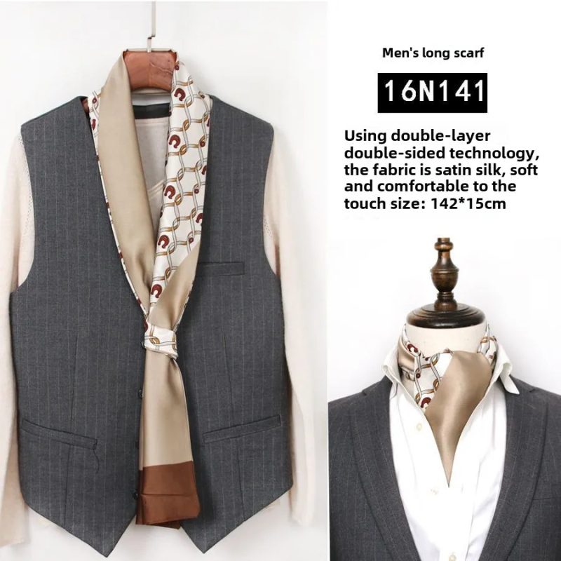Men's Striped Autumn and Winter Thin Simulated Silk Men's Double Layer Long Silk Scarf Shirt Scarf Printed Small Plaid Scarf - Image 8