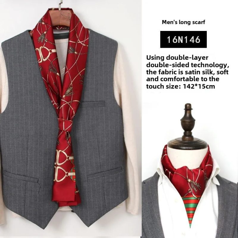 Men's Striped Autumn and Winter Thin Simulated Silk Men's Double Layer Long Silk Scarf Shirt Scarf Printed Small Plaid Scarf - Image 9