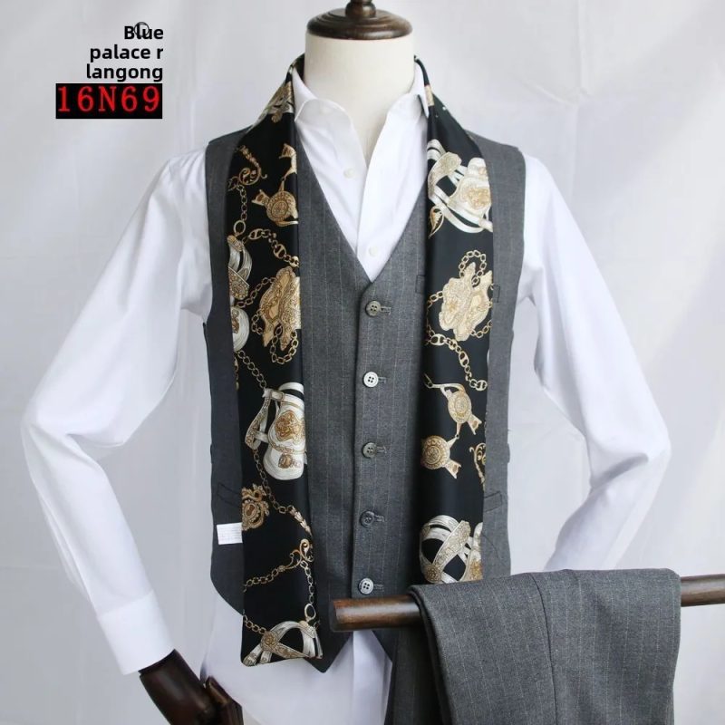 Men's Striped Autumn and Winter Thin Simulated Silk Men's Double Layer Long Silk Scarf Shirt Scarf Printed Small Plaid Scarf - Image 21