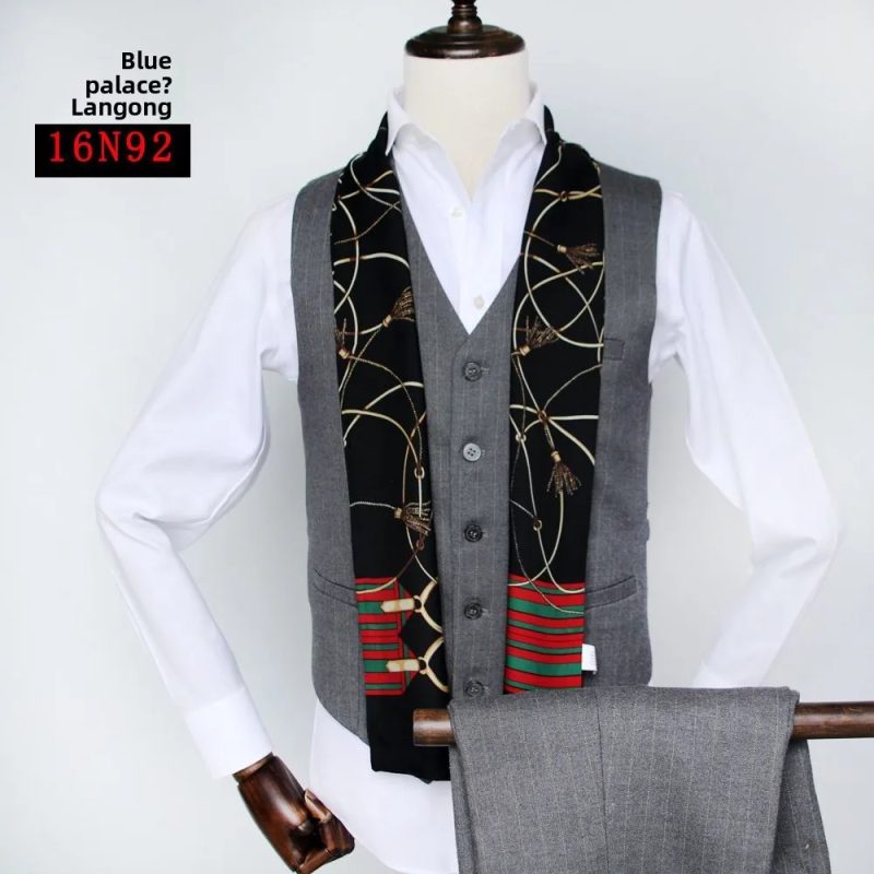 Men's Striped Autumn and Winter Thin Simulated Silk Men's Double Layer Long Silk Scarf Shirt Scarf Printed Small Plaid Scarf - Image 24