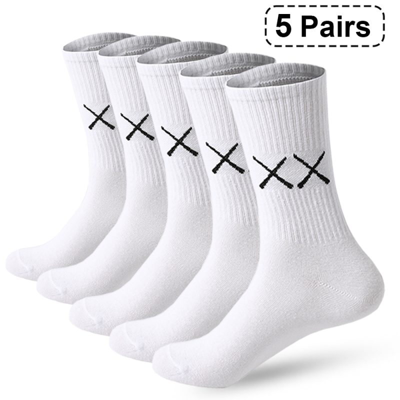 5 Pairs Socks for Men Black And White Breathable Anti-odor Cotton Casual Middle Socks Running Gym Sports Socks Long socks