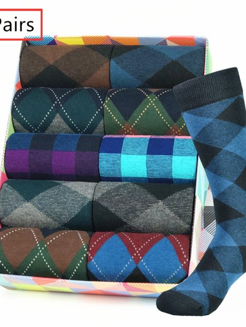 5pairs Mens Cotton Dress Black Argyle Pattern Crew Funny Socks for Men Gifts