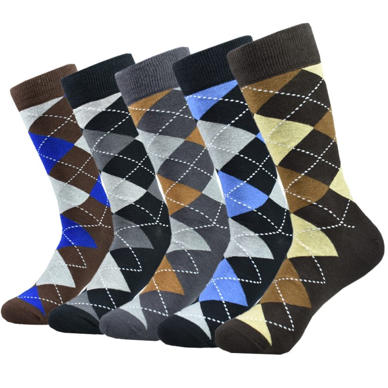 5pairs Mens Cotton Dress Black Argyle Pattern Crew Funny Socks for Men Gifts - Image 13