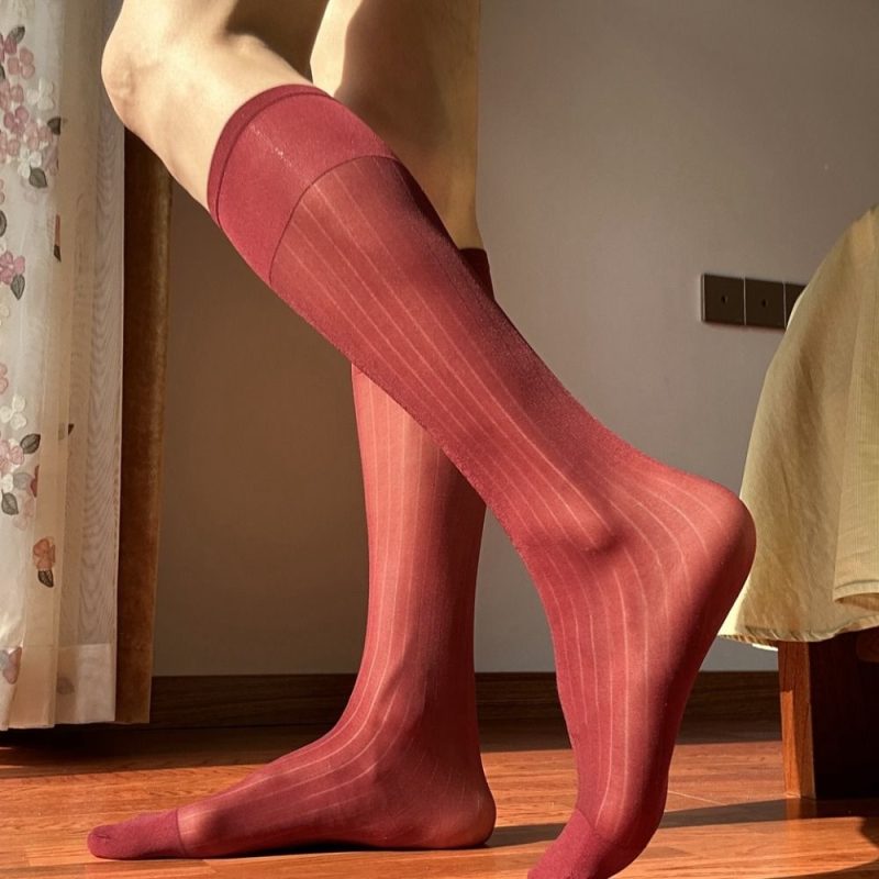 Translucent Men Thin Dress Tube Socks Thin Middle Tube Wide Striped Silk Socks Sheer Hosiery Solid Color Business Stockings Men - Image 10