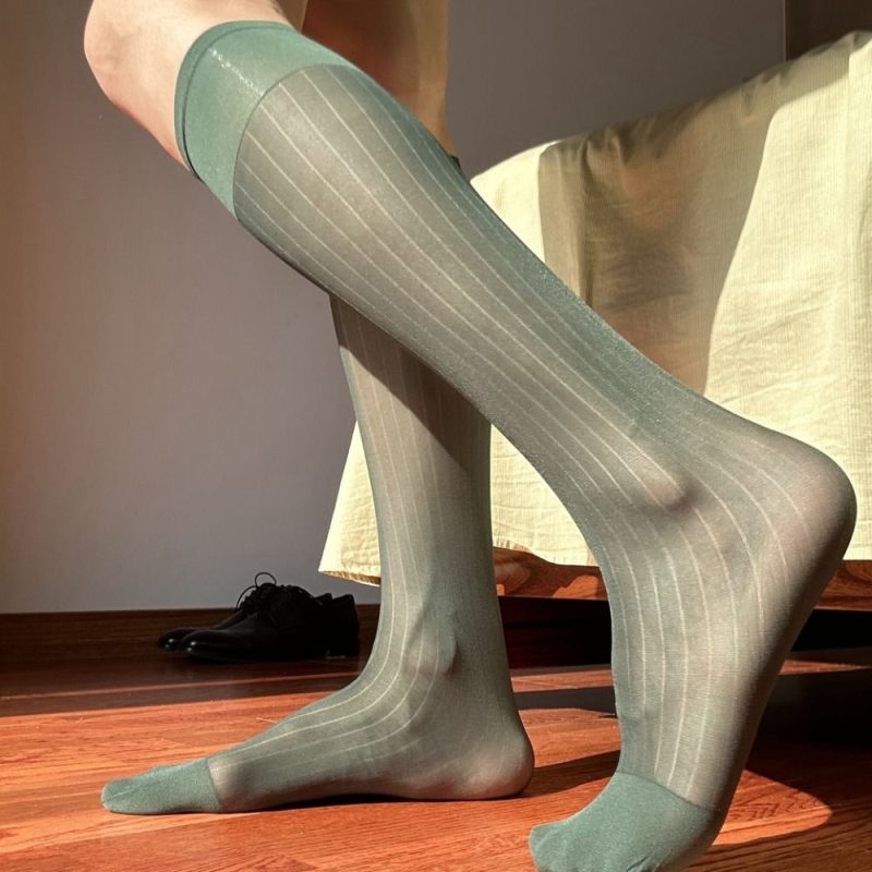 Translucent Men Thin Dress Tube Socks Thin Middle Tube Wide Striped Silk Socks Sheer Hosiery Solid Color Business Stockings Men - Image 11