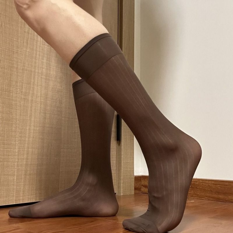 Translucent Men Thin Dress Tube Socks Thin Middle Tube Wide Striped Silk Socks Sheer Hosiery Solid Color Business Stockings Men - Image 12