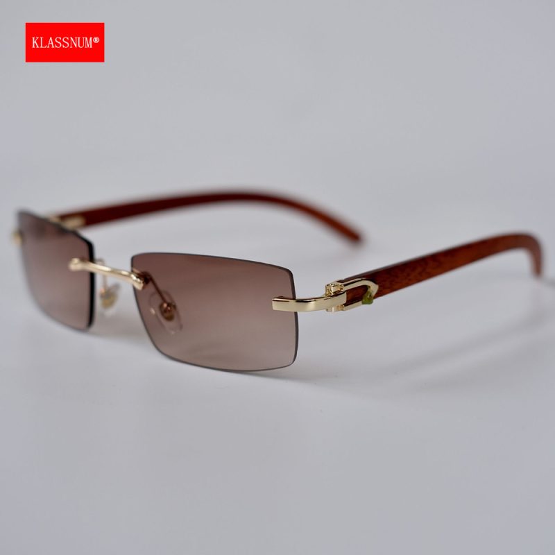KLASSNUM Men Rectangle Fashion Rimless Sunglasses Vintage Wooden Grain Frame Small Sun Glasses 2025 New Fashion Luxury Brand