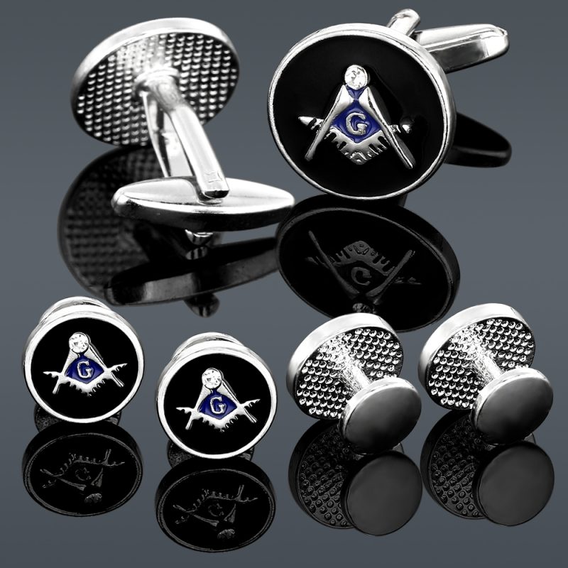 Freemason Logo Cufflinks&Sleeve Nail Set Black And Blue Enamel With Crystal For Men Boys Gift - Image 2