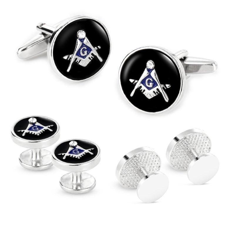 Freemason Logo Cufflinks&Sleeve Nail Set Black And Blue Enamel With Crystal For Men Boys Gift - Image 4