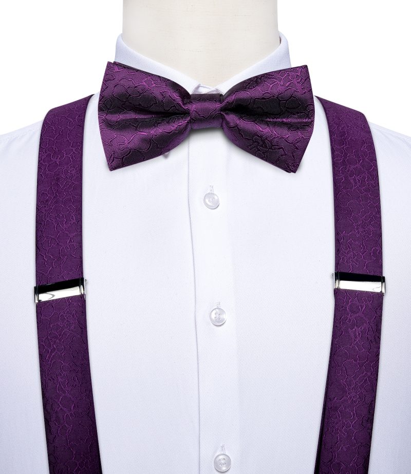 DiBanGu Luxury Purple Silk Men's Suspenders Leather Metal 6 Clips Adjustable Braces Pre-Tied Bow Tie Pocket Square Set 4008