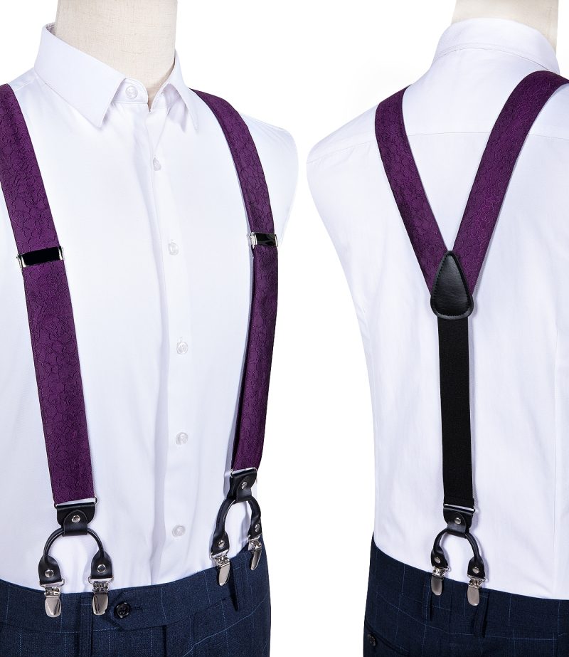 DiBanGu Luxury Purple Silk Men's Suspenders Leather Metal 6 Clips Adjustable Braces Pre-Tied Bow Tie Pocket Square Set 4008 - Image 2