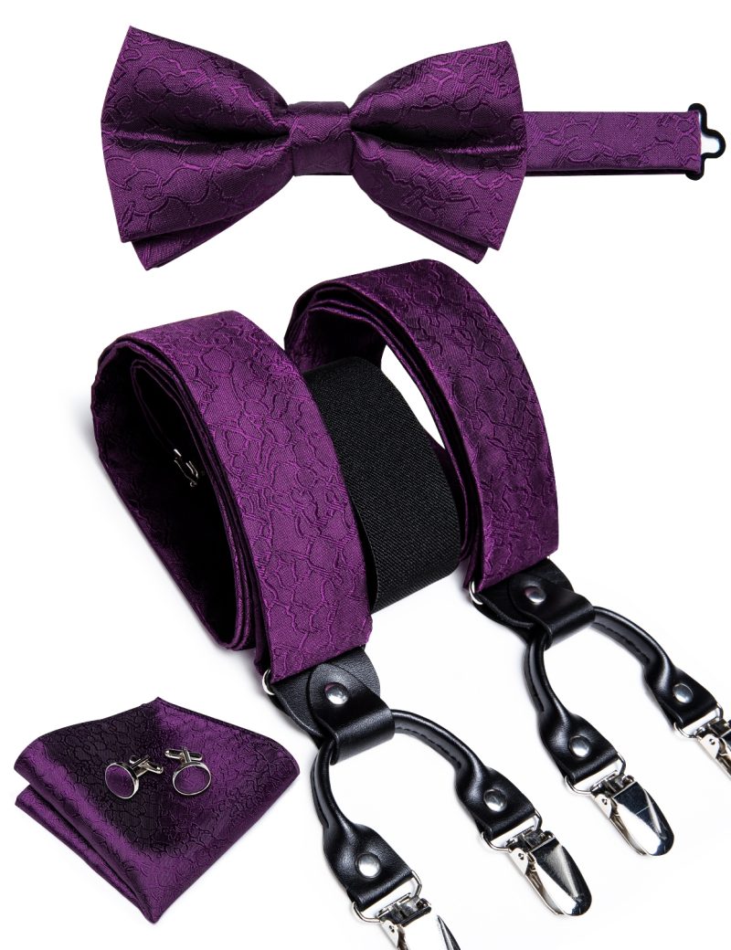 DiBanGu Luxury Purple Silk Men's Suspenders Leather Metal 6 Clips Adjustable Braces Pre-Tied Bow Tie Pocket Square Set 4008 - Image 3