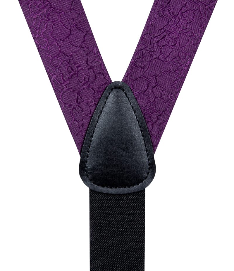 DiBanGu Luxury Purple Silk Men's Suspenders Leather Metal 6 Clips Adjustable Braces Pre-Tied Bow Tie Pocket Square Set 4008 - Image 4