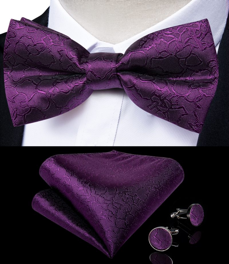 DiBanGu Luxury Purple Silk Men's Suspenders Leather Metal 6 Clips Adjustable Braces Pre-Tied Bow Tie Pocket Square Set 4008 - Image 5