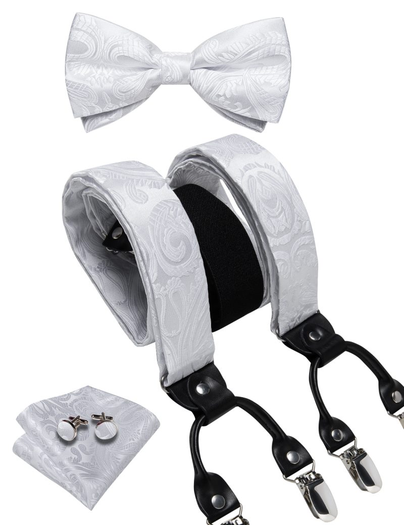 DiBanGu Luxury Purple Silk Men's Suspenders Leather Metal 6 Clips Adjustable Braces Pre-Tied Bow Tie Pocket Square Set 4008 - Image 7