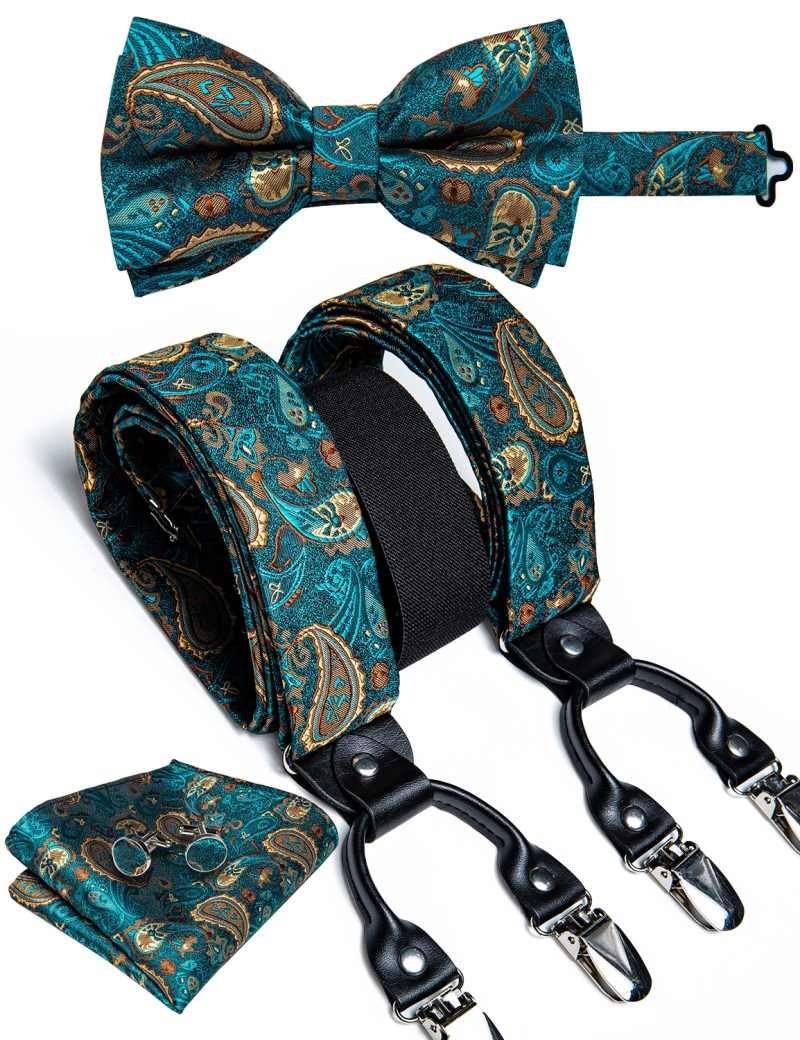 DiBanGu Luxury Purple Silk Men's Suspenders Leather Metal 6 Clips Adjustable Braces Pre-Tied Bow Tie Pocket Square Set 4008 - Image 8
