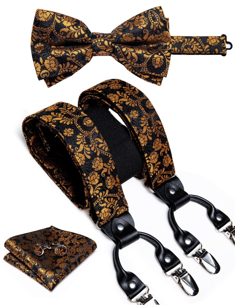 DiBanGu Luxury Purple Silk Men's Suspenders Leather Metal 6 Clips Adjustable Braces Pre-Tied Bow Tie Pocket Square Set 4008 - Image 9