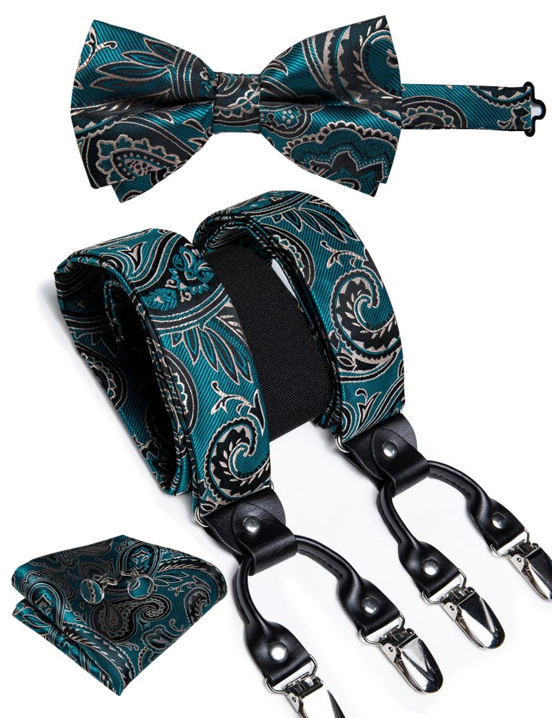 DiBanGu Luxury Purple Silk Men's Suspenders Leather Metal 6 Clips Adjustable Braces Pre-Tied Bow Tie Pocket Square Set 4008 - Image 10