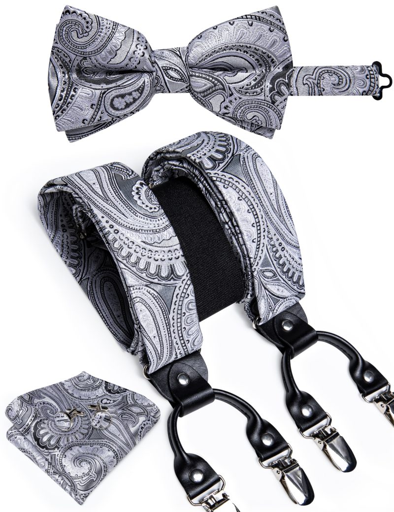 DiBanGu Luxury Purple Silk Men's Suspenders Leather Metal 6 Clips Adjustable Braces Pre-Tied Bow Tie Pocket Square Set 4008 - Image 11