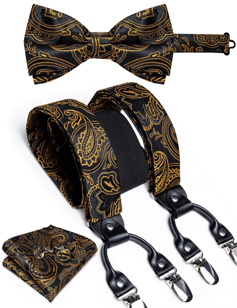 DiBanGu Luxury Purple Silk Men's Suspenders Leather Metal 6 Clips Adjustable Braces Pre-Tied Bow Tie Pocket Square Set 4008 - Image 12