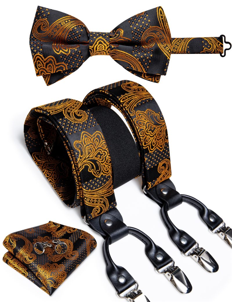 DiBanGu Luxury Purple Silk Men's Suspenders Leather Metal 6 Clips Adjustable Braces Pre-Tied Bow Tie Pocket Square Set 4008 - Image 13