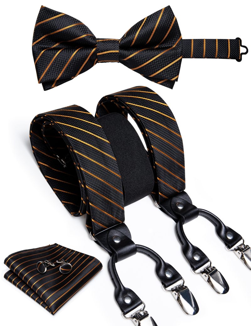 DiBanGu Luxury Purple Silk Men's Suspenders Leather Metal 6 Clips Adjustable Braces Pre-Tied Bow Tie Pocket Square Set 4008 - Image 14
