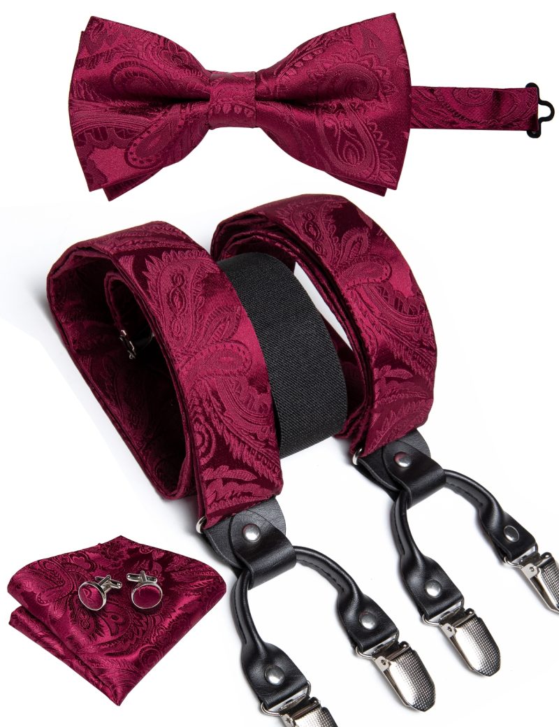 DiBanGu Luxury Purple Silk Men's Suspenders Leather Metal 6 Clips Adjustable Braces Pre-Tied Bow Tie Pocket Square Set 4008 - Image 15