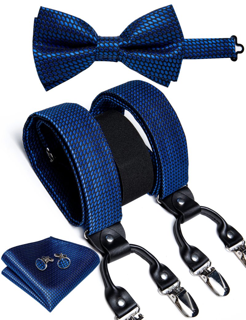 DiBanGu Luxury Purple Silk Men's Suspenders Leather Metal 6 Clips Adjustable Braces Pre-Tied Bow Tie Pocket Square Set 4008 - Image 16
