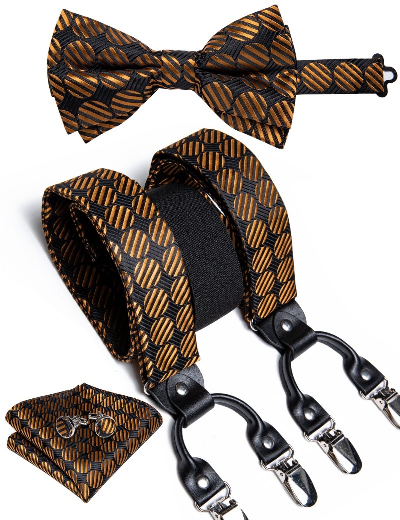 DiBanGu Luxury Purple Silk Men's Suspenders Leather Metal 6 Clips Adjustable Braces Pre-Tied Bow Tie Pocket Square Set 4008 - Image 17