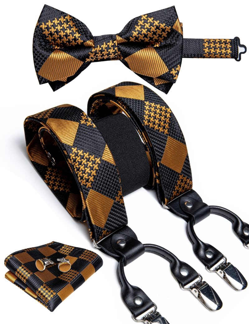 DiBanGu Luxury Purple Silk Men's Suspenders Leather Metal 6 Clips Adjustable Braces Pre-Tied Bow Tie Pocket Square Set 4008 - Image 18