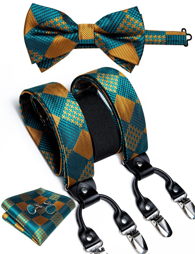 DiBanGu Luxury Purple Silk Men's Suspenders Leather Metal 6 Clips Adjustable Braces Pre-Tied Bow Tie Pocket Square Set 4008 - Image 19