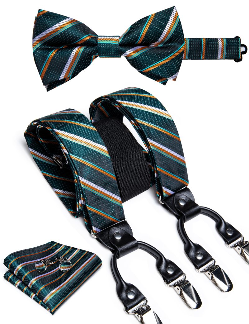 DiBanGu Luxury Purple Silk Men's Suspenders Leather Metal 6 Clips Adjustable Braces Pre-Tied Bow Tie Pocket Square Set 4008 - Image 20