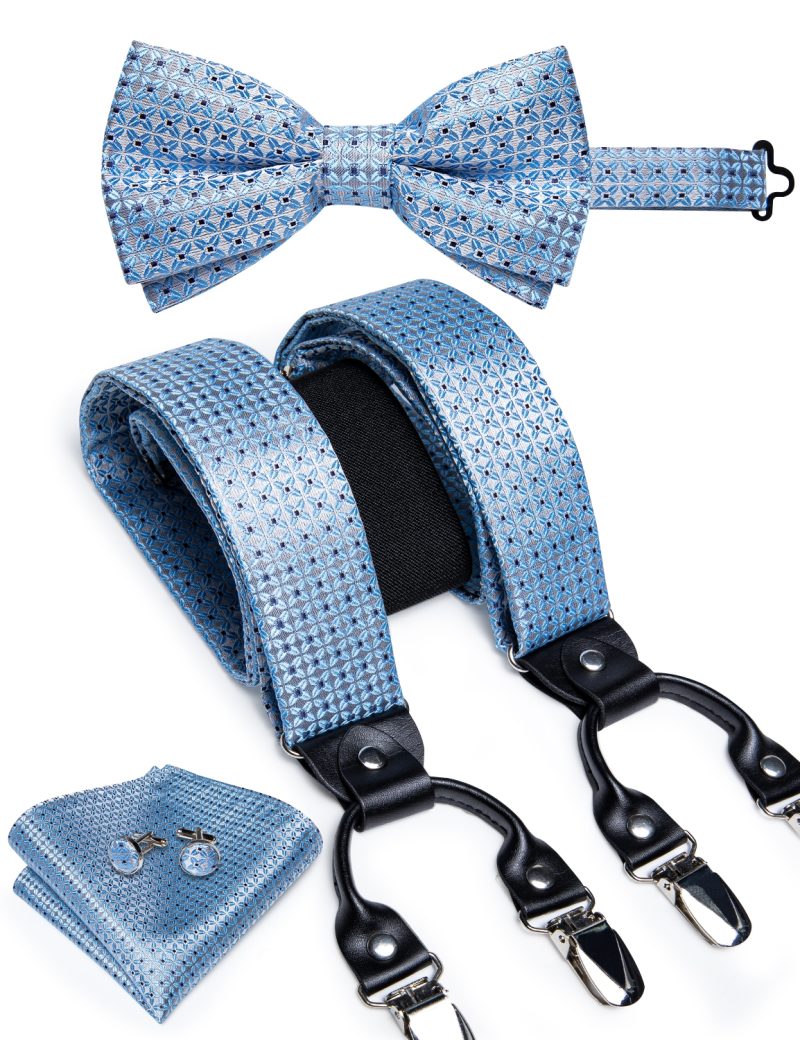 DiBanGu Luxury Purple Silk Men's Suspenders Leather Metal 6 Clips Adjustable Braces Pre-Tied Bow Tie Pocket Square Set 4008 - Image 21