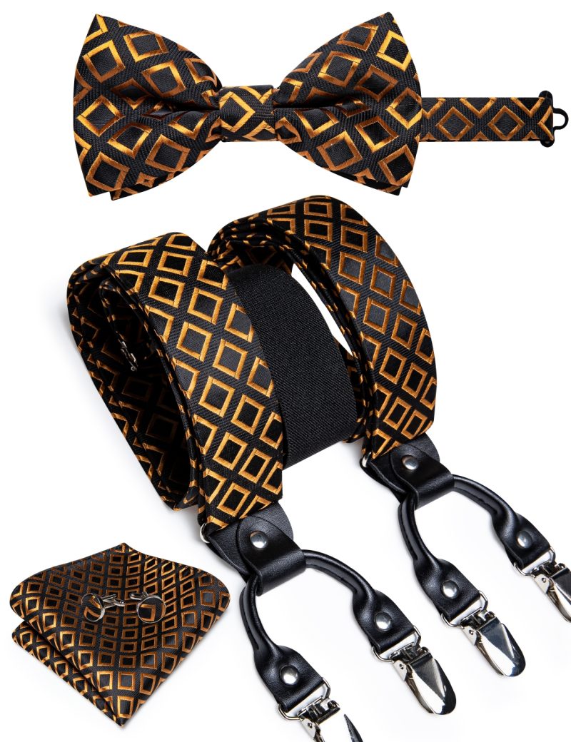 DiBanGu Luxury Purple Silk Men's Suspenders Leather Metal 6 Clips Adjustable Braces Pre-Tied Bow Tie Pocket Square Set 4008 - Image 22