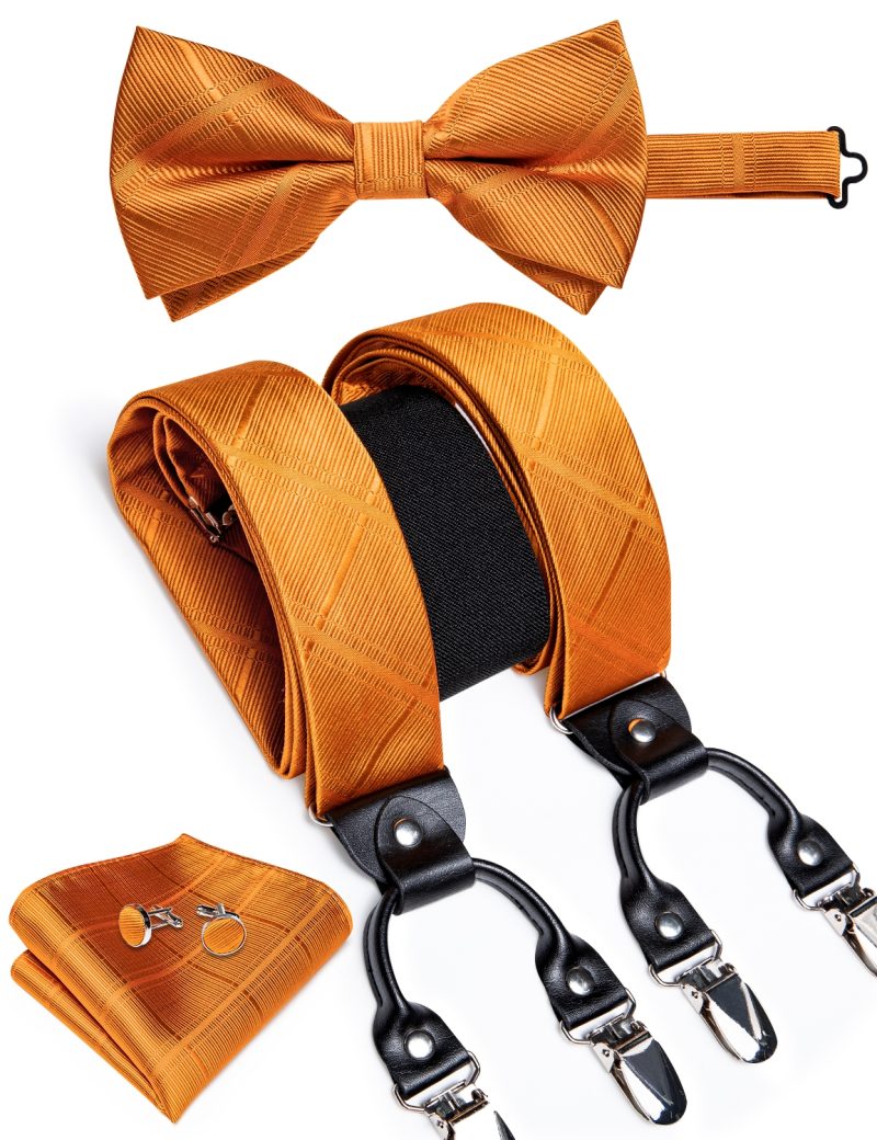 DiBanGu Luxury Purple Silk Men's Suspenders Leather Metal 6 Clips Adjustable Braces Pre-Tied Bow Tie Pocket Square Set 4008 - Image 23