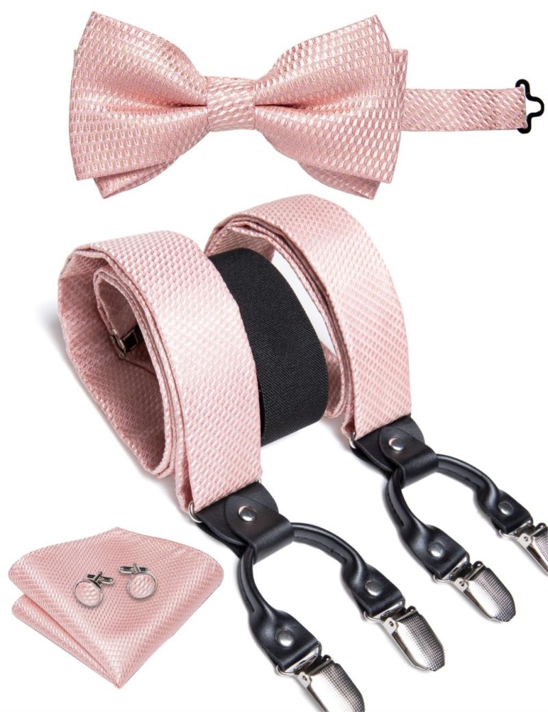 DiBanGu Luxury Purple Silk Men's Suspenders Leather Metal 6 Clips Adjustable Braces Pre-Tied Bow Tie Pocket Square Set 4008 - Image 24