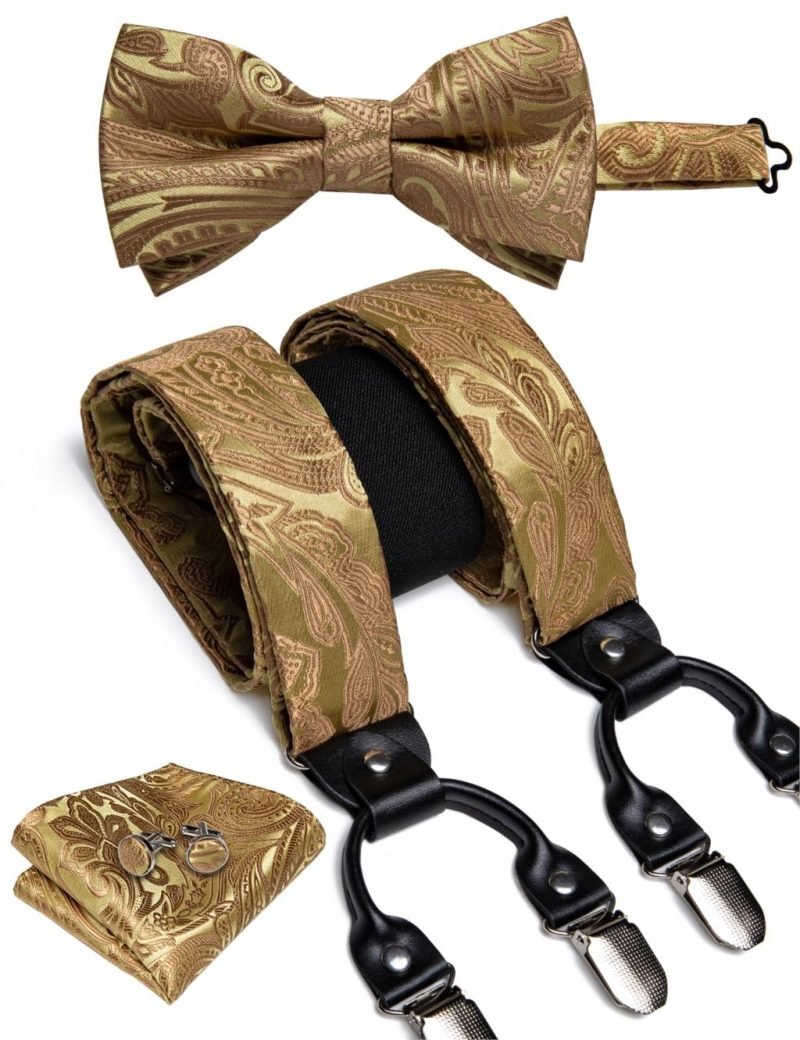 DiBanGu Luxury Purple Silk Men's Suspenders Leather Metal 6 Clips Adjustable Braces Pre-Tied Bow Tie Pocket Square Set 4008 - Image 25