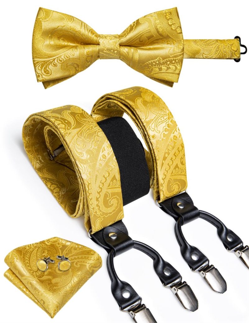 DiBanGu Luxury Purple Silk Men's Suspenders Leather Metal 6 Clips Adjustable Braces Pre-Tied Bow Tie Pocket Square Set 4008 - Image 26