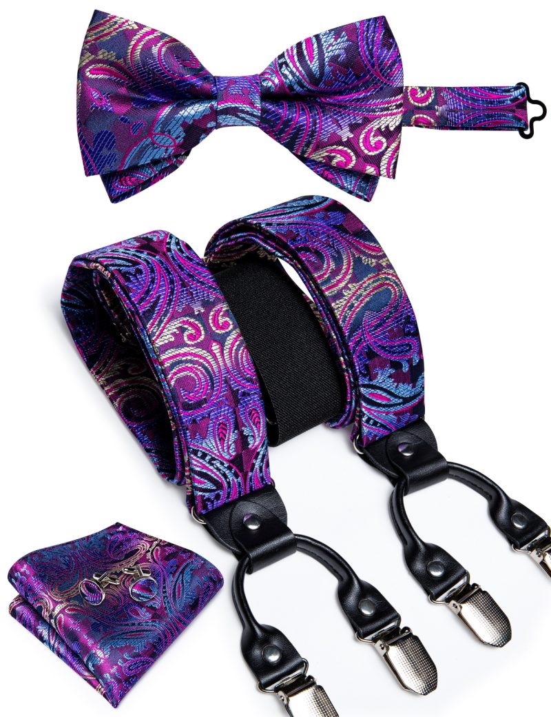 DiBanGu Luxury Purple Silk Men's Suspenders Leather Metal 6 Clips Adjustable Braces Pre-Tied Bow Tie Pocket Square Set 4008 - Image 28