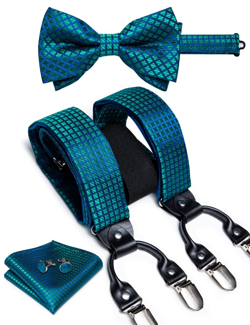 DiBanGu Luxury Purple Silk Men's Suspenders Leather Metal 6 Clips Adjustable Braces Pre-Tied Bow Tie Pocket Square Set 4008 - Image 29